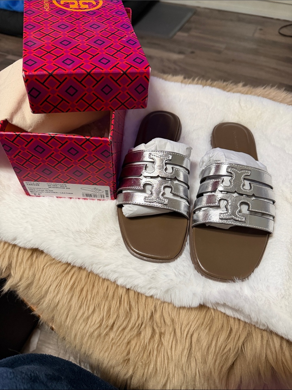 Tory Burch Ines Cage Slide Women's Metallic Leather Sandal -Silver Sz 8.5 New